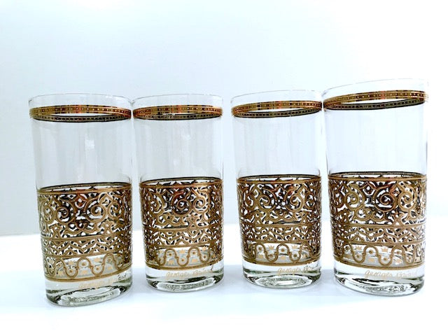 Georges Briard Signed Mid-Century Crown and Scroll Highball Glasses (Set of 4)
