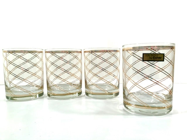 Culver Signed 22 Karat Gold Swirl Double Old Fashion Glasses (Set of 4)