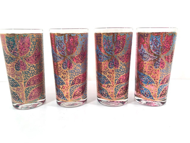 Georges Briard Signed Mid-Century Stained Glass Poinsettia Highball Glasses (Set of 4)