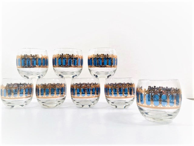 Culver Signed Mid-Century Emerald Azure Scroll Roly Poly Glasses (Set of 8)