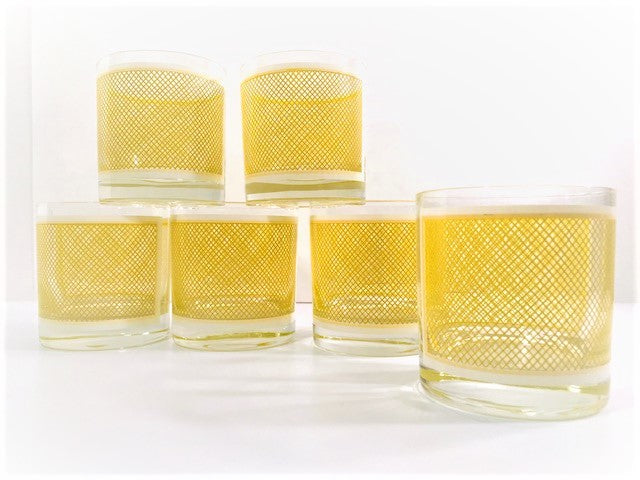 Georges Briard Signed Mid-Century Yellow and White Netting Glasses (Set of 6)