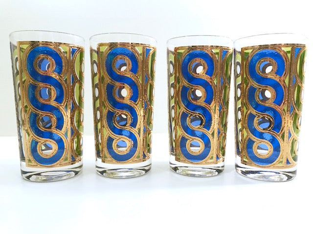 Georges Briard Signed Mid-Century Blue, Green and Gold Swirl Glasses (Set of 4)