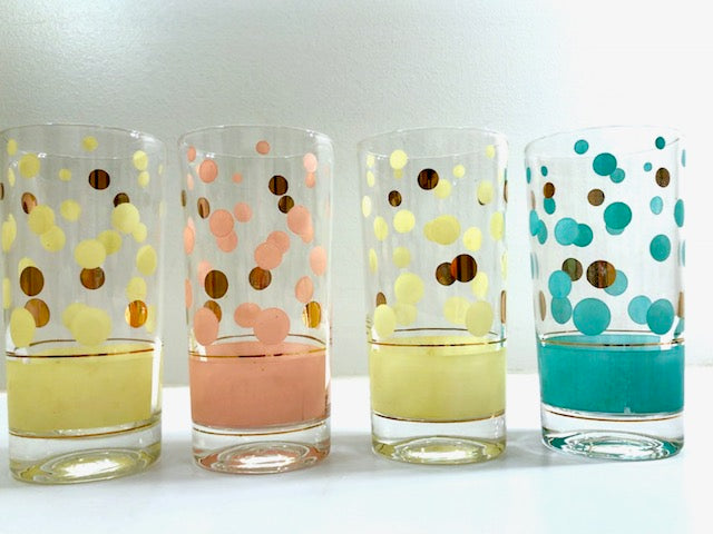 Fred Press Signed Mid-Century Yellow, Pink, Turquoise and 22-Karat Gold Bubble Glasses (Set of 4)
