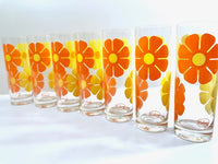 Load image into Gallery viewer, Colony Signed Retro Yellow and Orange Daisy Flower Power Tall Collins Glasses (Set of 7)

