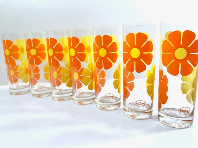 Vintage Retro Yellow and Black Daisy Flower Power Tall Juice Collins offers Glasses Lot