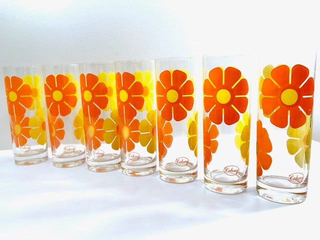 Colony Signed Retro Yellow and Orange Daisy Flower Power Tall Collins Glasses (Set of 7)