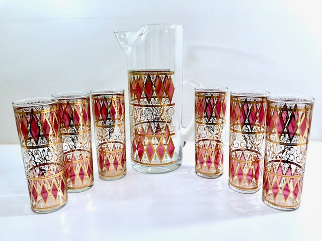 West Virginia Mid-Century Pink Diamonds with Gold Scroll 7-Piece Cocktail Bar Set