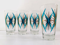 Load image into Gallery viewer, Federal Glass Inca Mid-Century Atomic Turquoise and 22-Karat Gold Starburst Glasses (Set of 4)

