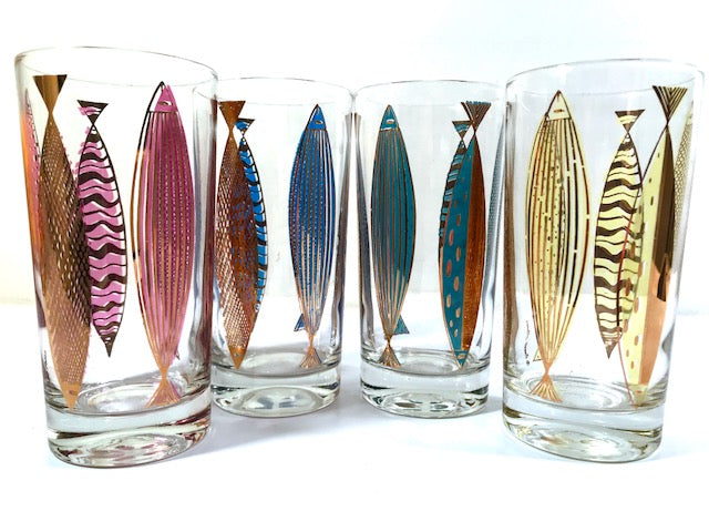 Fred Press Signed Mid-Century Fish Glasses (Set of 4)