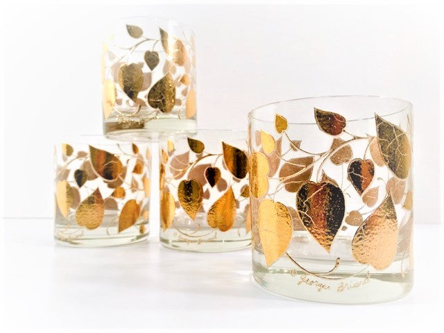 Georges Briard Signed Mid-Century Golden Leaves Glasses (Set of 4)