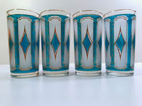 Load image into Gallery viewer, Libbey Mid-Century Emerald Blue &amp; 22-Karat Gold Diamond Glasses (Set of 4)
