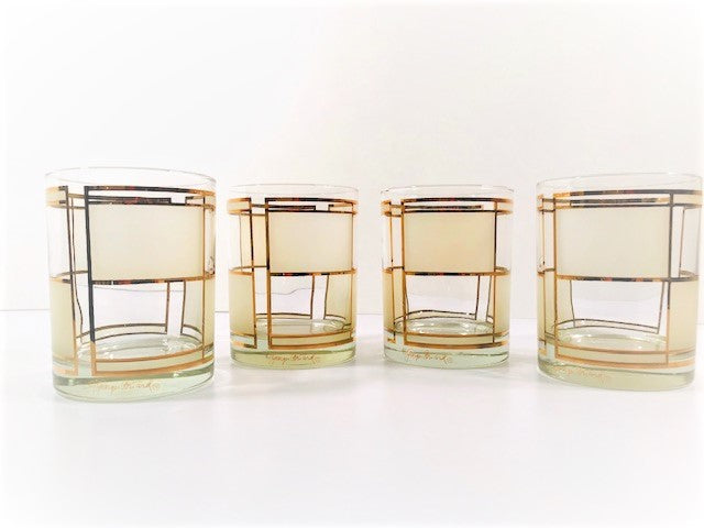 Georges Briard Signed Golden Frosted Square Double Old Fashion Glasses (Set of 4)
