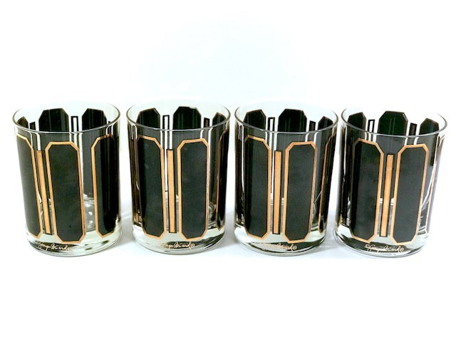 Georges Briard Signed Mid-Century Black and Gold Double Old Fashion Glasses (Set of 4)