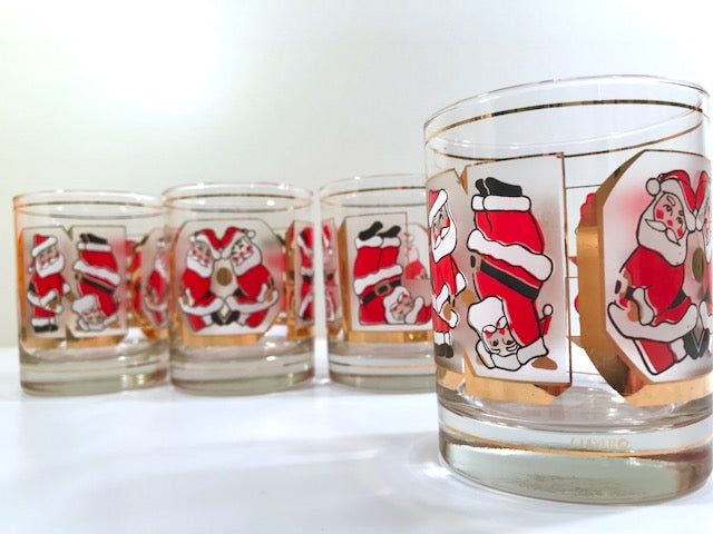 Culver Signed Mid-Century Santa Noel Double Old Fashion Glasses (Set of 4)