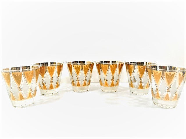 Fred Press Signed Gold and White Diamond Double Old Fashion Glasses (Set of 6)