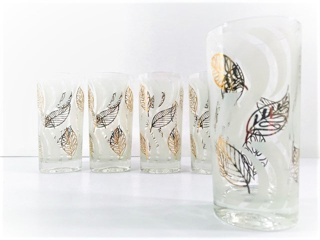 Fred Press Signed Mid-Century Gold and White Modern Leaf Glasses (Set of 5)