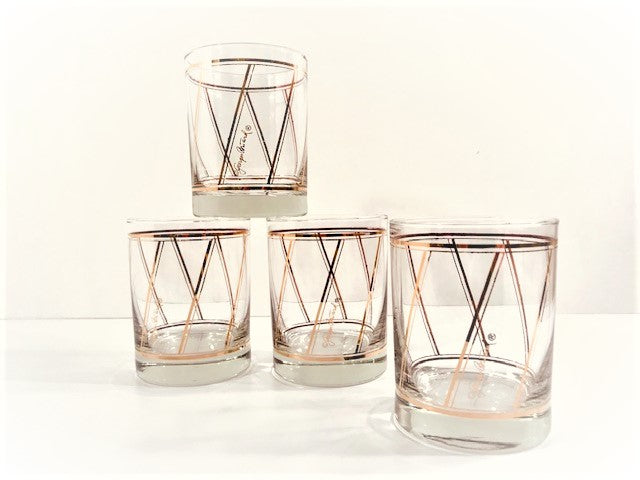 Georges Briard Signed Golden Diagonal Double Old Fashion Glasses (Set of 4)