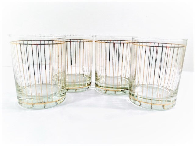 Culver Signed Mid-Century 22-Karat Gold Striped Double Old Fashion Glasses (Set of 4)