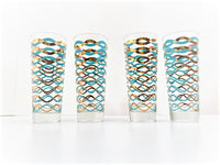 Load image into Gallery viewer, Anchor Hocking Rippling Ribbons Mid-Century 22-Karat Gold and Aqua Tall Collins Glasses (Set of 4)
