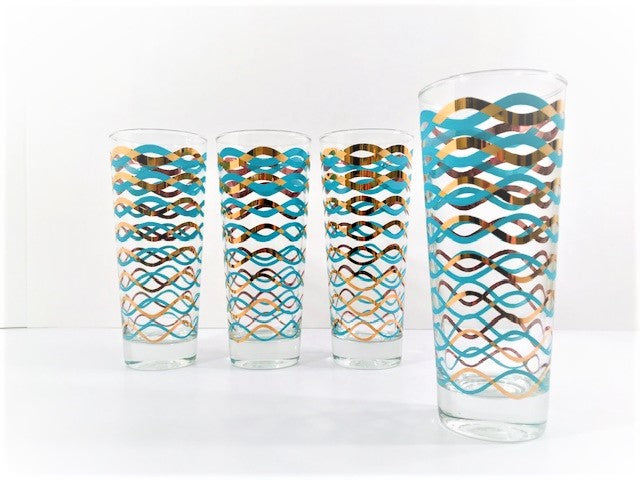Libbey Mid-Century 22-Karat Gold and Aqua Waves Tall Collins Glasses (Set of 4)
