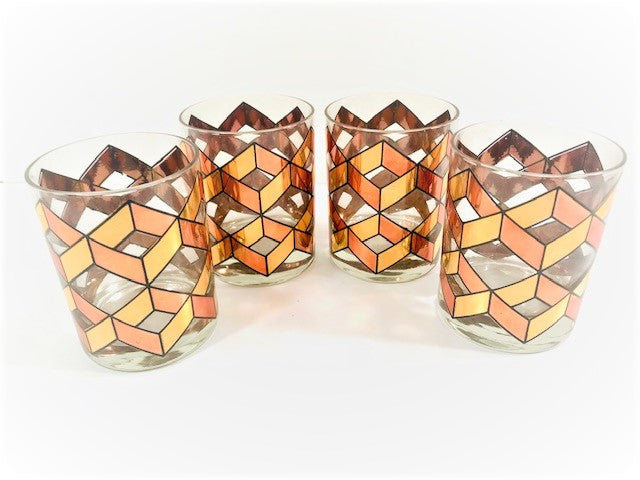 Culver Gold and Copper Herringbone Double Old Fashion Glasses (Set of 4)
