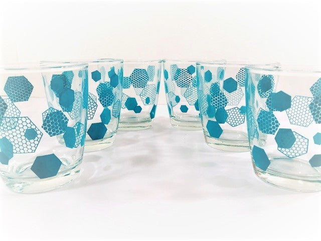 Mid-Century Atomic Turquoise Honeycomb Glasses (Set of 6)