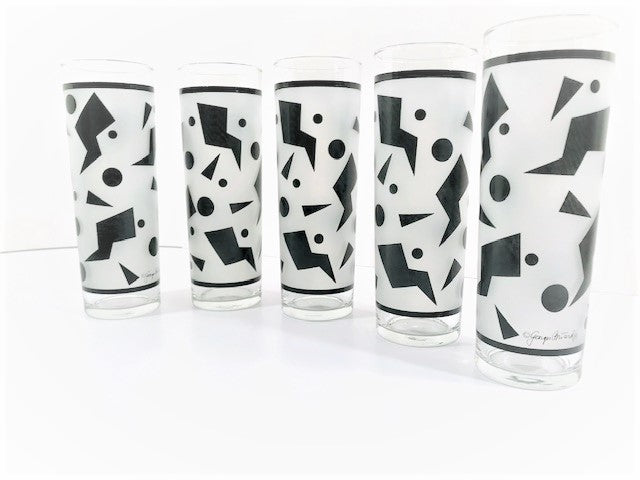 Georges Briard Signed Jazz Black and White Abstract Tall Collins Glasses (Set of 5)