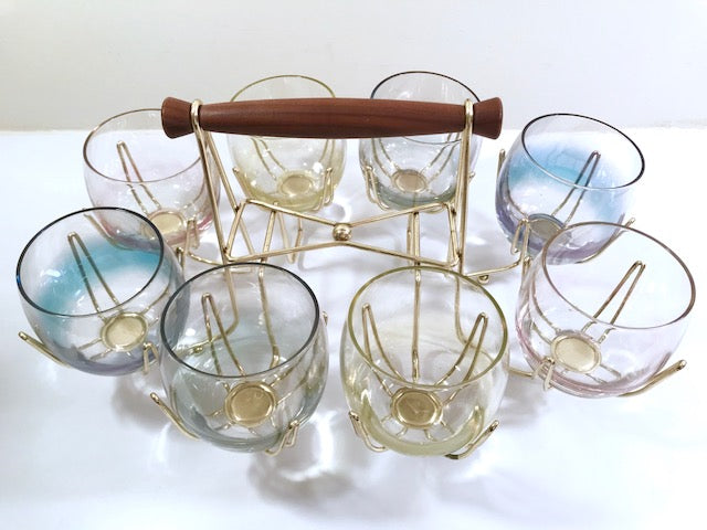Federal Glass Mid-Century Pastel Somewhere Over the Rainbow Roly Poly Bar Set (8 Glasses with Carrier)