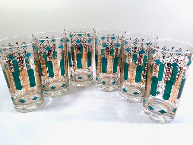 Mid-Century Green, Turquoise and 22-Karat Gold Highball Glasses (Set of 6)