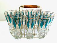 Load image into Gallery viewer, Libbey Mid-Century Emerald Blue and 22-Karat Gold Diamond Pilsner Glasses With Atomic Carrier (Set of 8)
