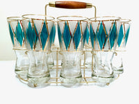 Load image into Gallery viewer, Libbey Mid-Century Emerald Blue and 22-Karat Gold Diamond Pilsner Glasses With Atomic Carrier (Set of 8)
