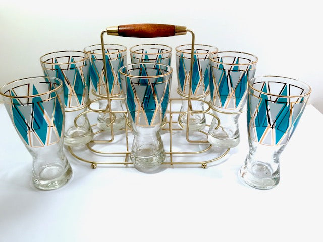 Libbey Mid-Century Emerald Blue and 22-Karat Gold Diamond Pilsner Glasses With Atomic Carrier (Set of 8)