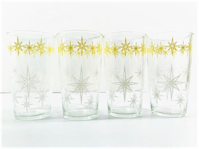 Hazel Atlas Mid-Century Yellow and White Atomic Star Glasses (Set of 4)