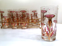 Load image into Gallery viewer, Gay Fad Signed Mid-Century Gold and Purple Thistle Glasses With Carrier (Set of 8)
