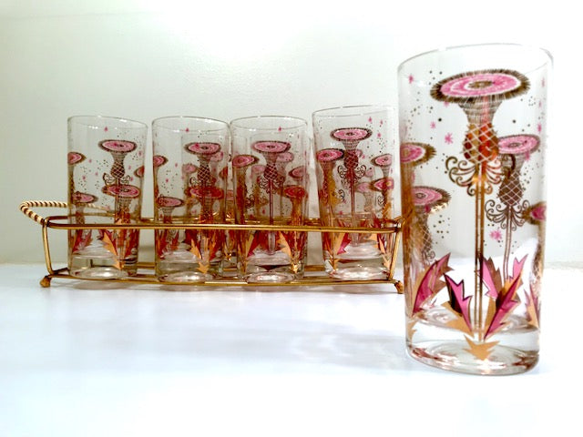 Mid Century Signed Gay Fad Hand-Painted Crooked Mini Martini Glasses- Set  of 7