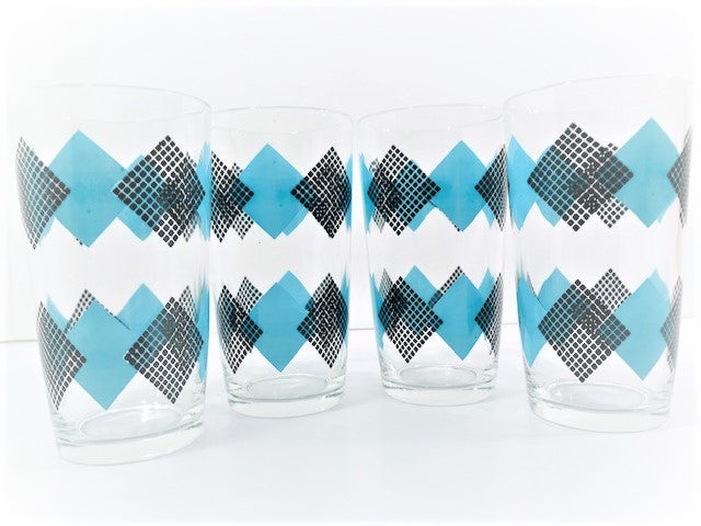 Federal Glass Mid-Century Black and Blue Argyle Glasses (Set of 4)