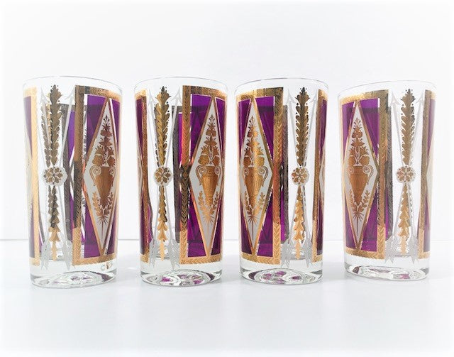 4 Iridescent Mauve MCM Highball Glasses. Engraved Gold 2024 Gilt Wheat Sheaves & Rim