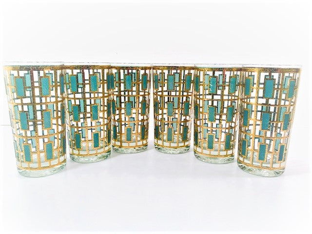 Culver Signed Mid-Century 22-Karat Gold and Green Shoji Style Highball Glasses (Set of 6)