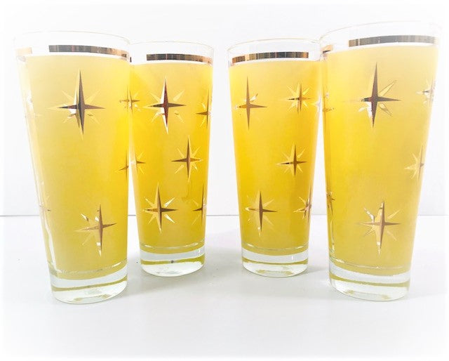 Bartlett Collins Mid-Century Yellow Atomic North Star Tall Collins Glasses (Set of 4)