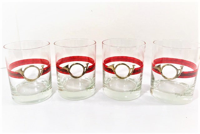 Georges Briard Signed Christmas Horn Double Old Fashion Glasses (Set of 4)