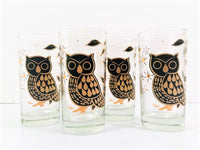 Load image into Gallery viewer, Bartlett Collins Glass Pokee Signed Retro Gold and Black Owl Highball Glasses (Set of 4)
