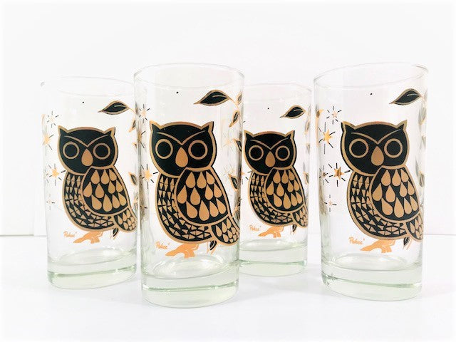 Bartlett Collins Glass Pokee Signed Retro Gold and Black Owl Highball Glasses (Set of 4)
