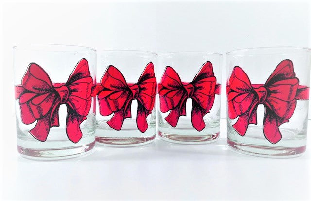 Cera Signed Mid-Century Red Ribbon Double Old Fashion Glasses (Set of 4)