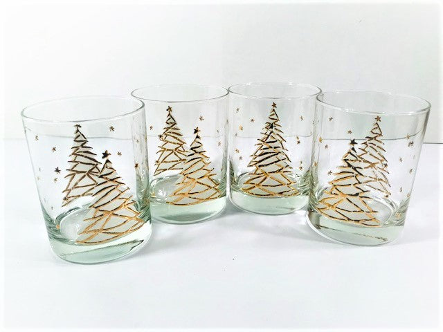 Culver Signed Mid-Century Golden Christmas Tree Double Old Fashion Glasses (Set of 4)