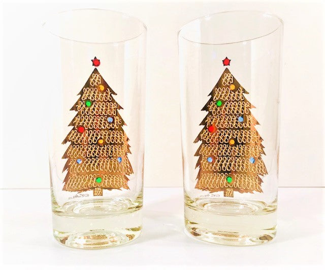 Culver Signed Mid-Century Jeweled Christmas Tree Highball Glasses (Set of 2)