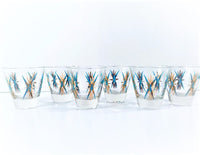 Load image into Gallery viewer, Federal Glass Inca Atomic Turquoise and 22-Karat Gold Starburst Jigger/Shot Glasses (Set of 6)
