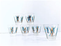 Load image into Gallery viewer, Federal Glass Inca Atomic Turquoise and 22-Karat Gold Starburst Jigger/Shot Glasses (Set of 6)
