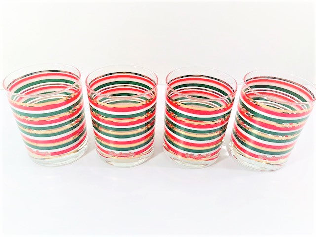 Georges Briard Signed Holiday Striped Double Old Fashion Glasses (Set of 4)