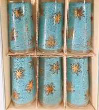 Load image into Gallery viewer, Libbey Mid-Century Partytime Star Frost Gold and Turquoise Atomic Stars Glasses (Set of 6)
