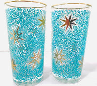 Load image into Gallery viewer, Libbey Mid-Century Partytime Star Frost Gold and Turquoise Atomic Stars Glasses (Set of 6)

